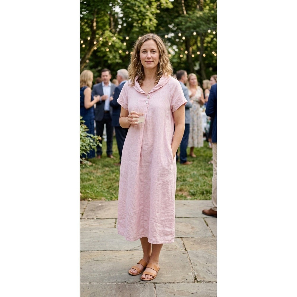 Ornella Paris Made in Italy 100% Linen Midi Dress One Size Pink Lagenlook